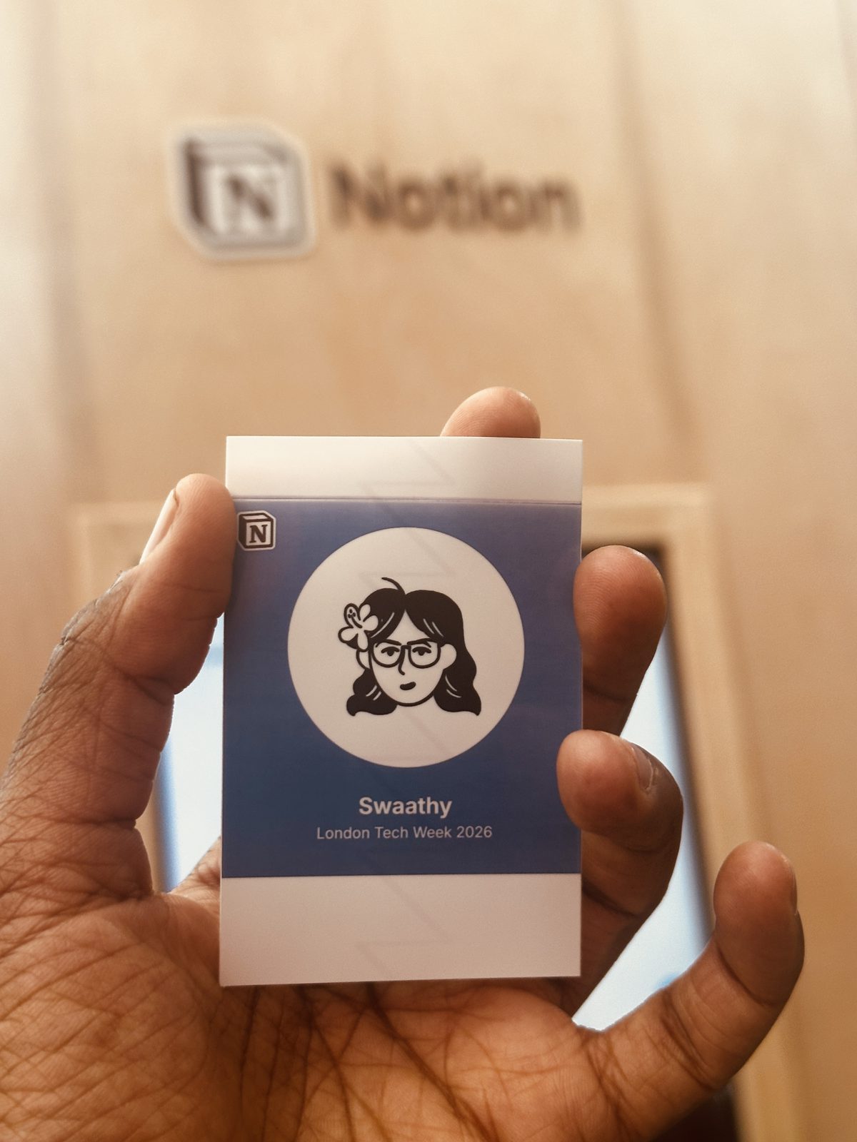 A personalised Notion card with my name and London Tech Week 2026, made at the Notion stand