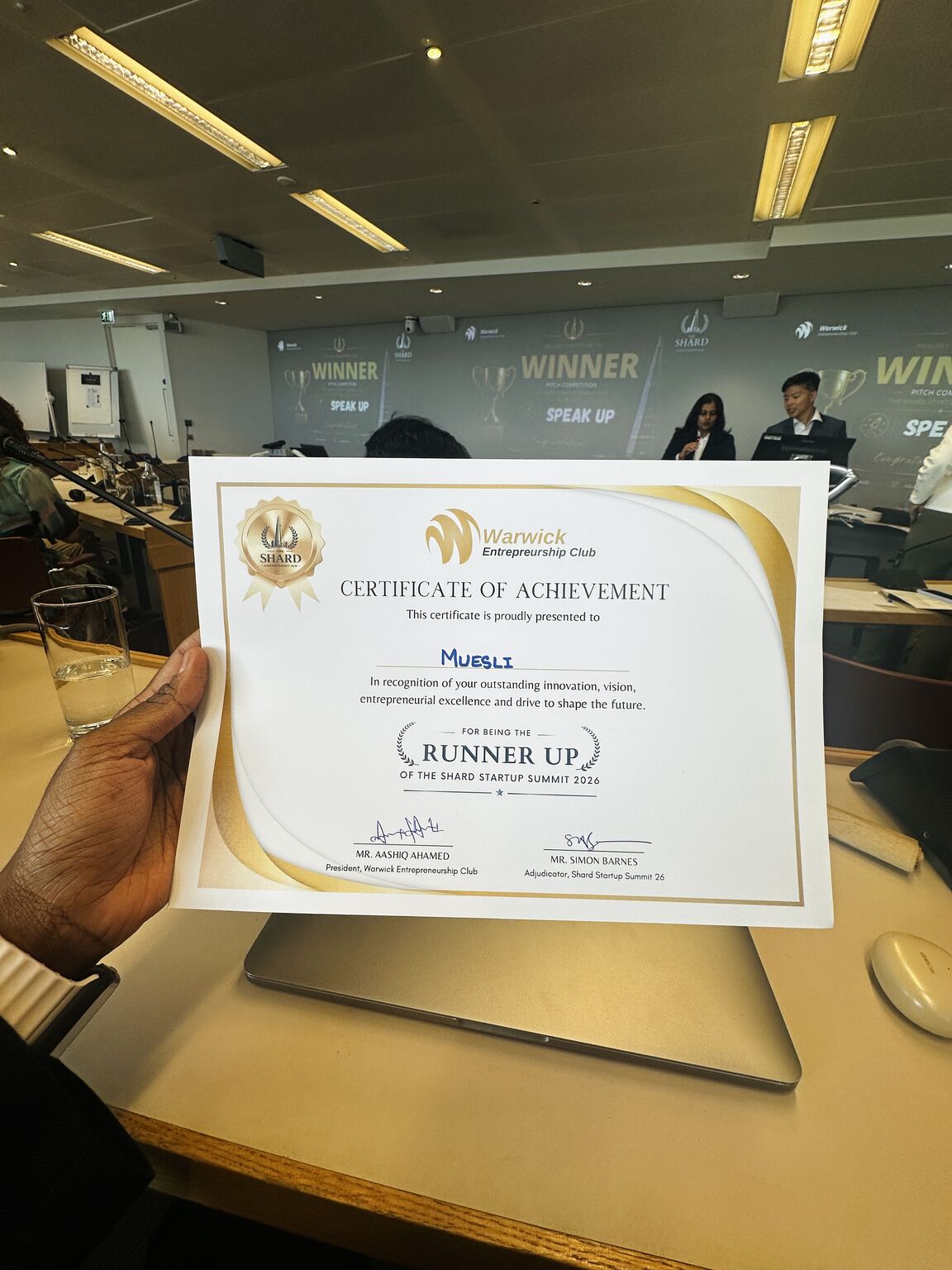 The first runner-up certificate presented to the Muesli team